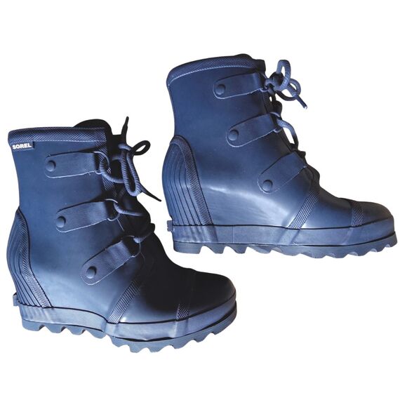 NWOT SOREL Joan Rain Ankle Wedge Boot Navy Blue Rubber Waterproof Women's Size 9 - Picture 9 of 16